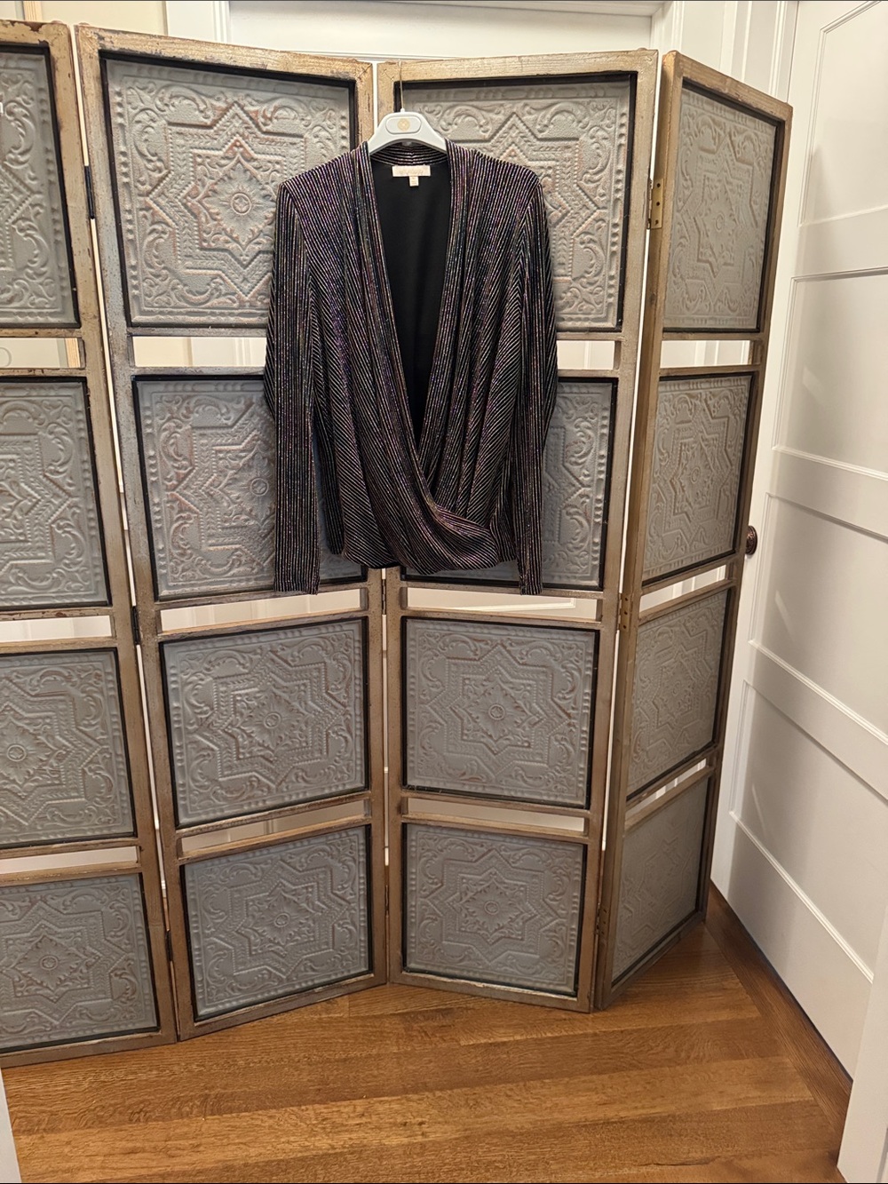 Etcetera Iridescent Black & Purple Draped Blouse